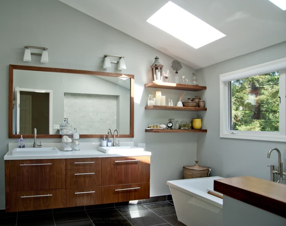 small bathroom ceiling with floating shelf