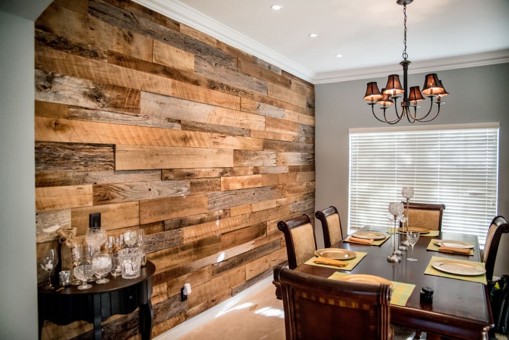 wood accent wall in dining room