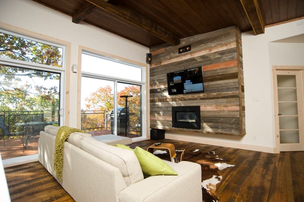 wood accent wall in living room