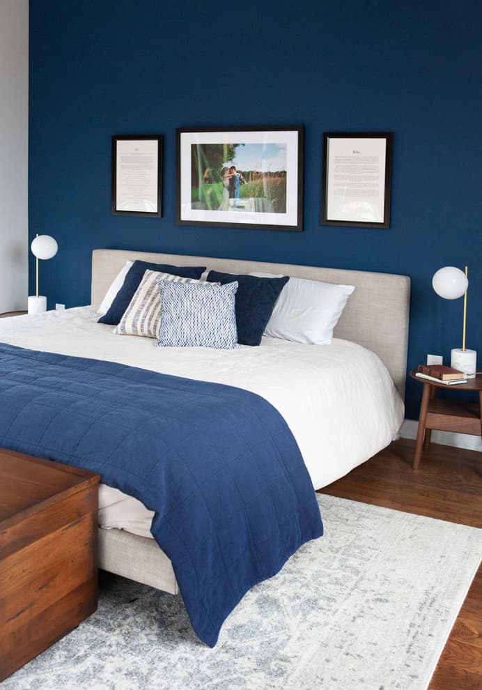blue bedding with oak furniture