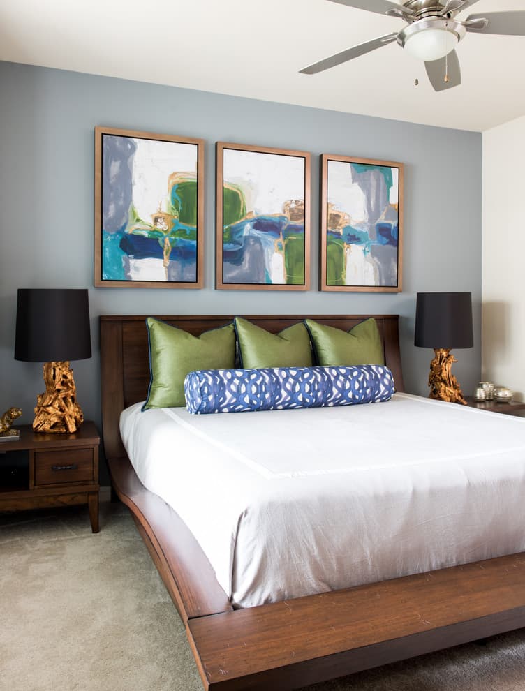 blue green bedding with oak furniture