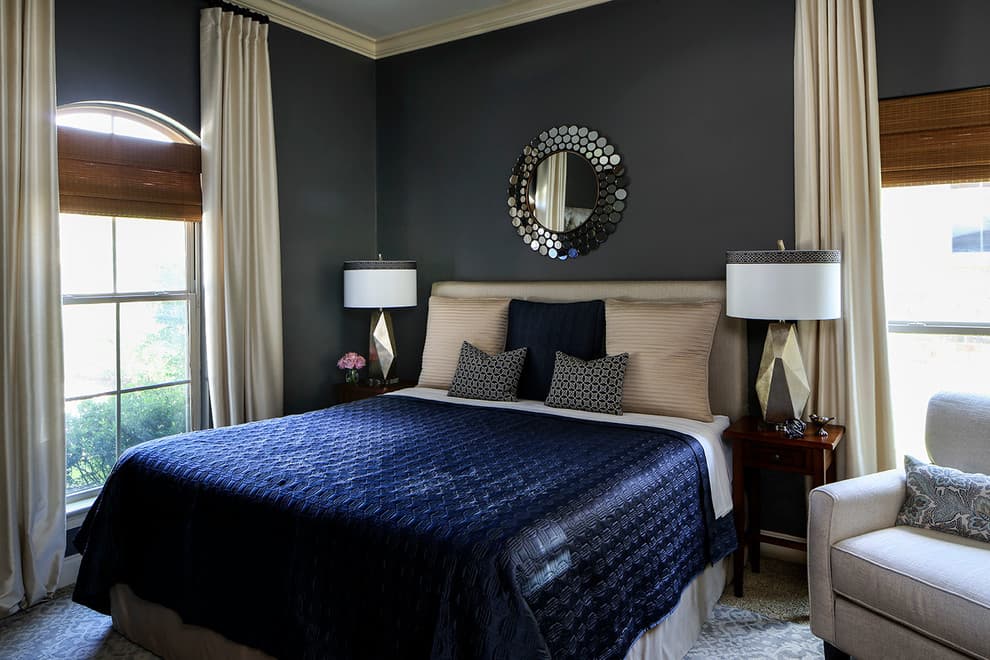 gray navy bedding with oak furniture