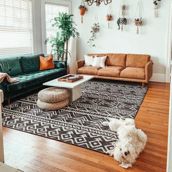 boho rug with teal couch
