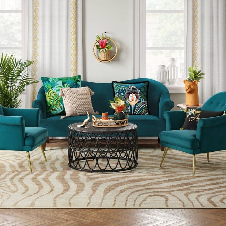 cream rug with teal couch