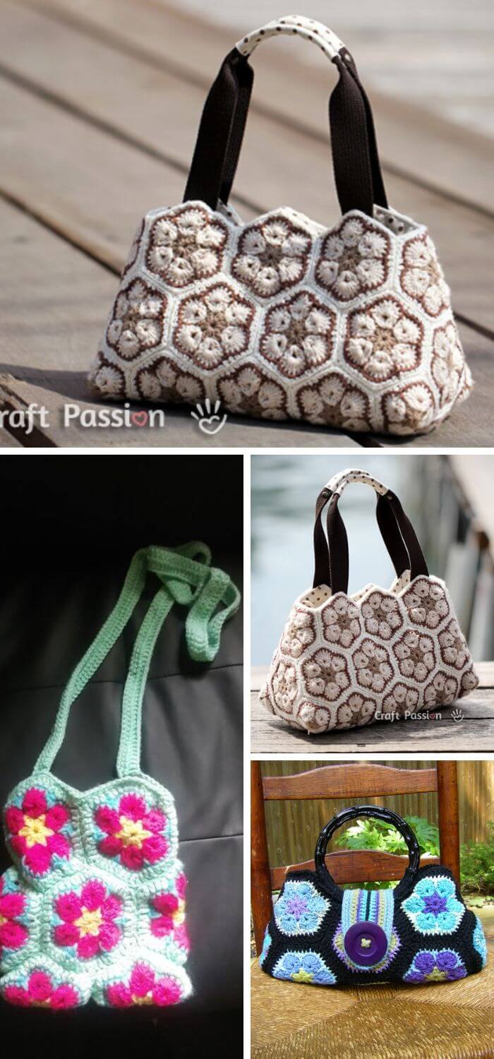 The African flower hexagon crochet stitch handbag