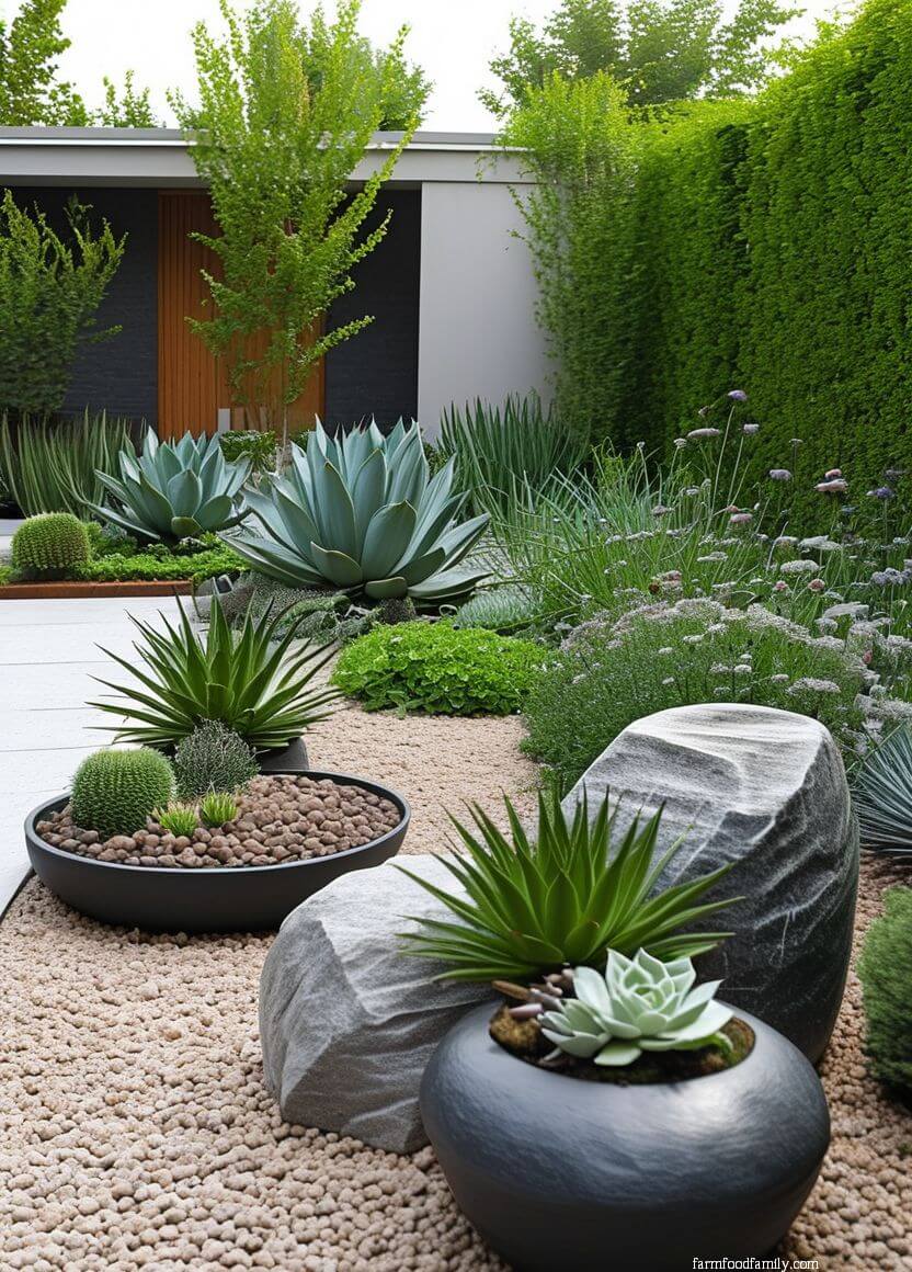 A minimalist front yard with gravel, succulents, and large stone planters creating a modern and low-maintenance landscape.