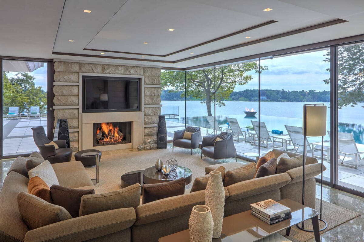 TV is mounted on the wall to maximize the living space