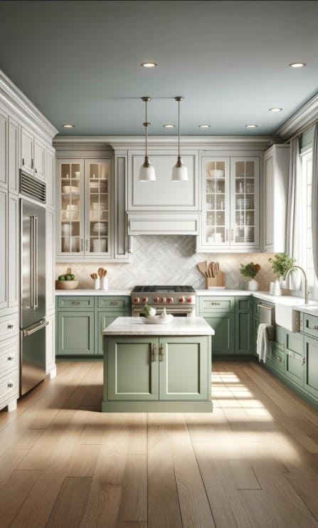 A transitional kitchen with sage green lower cabinets, white upper cabinets, and quartz countertops.