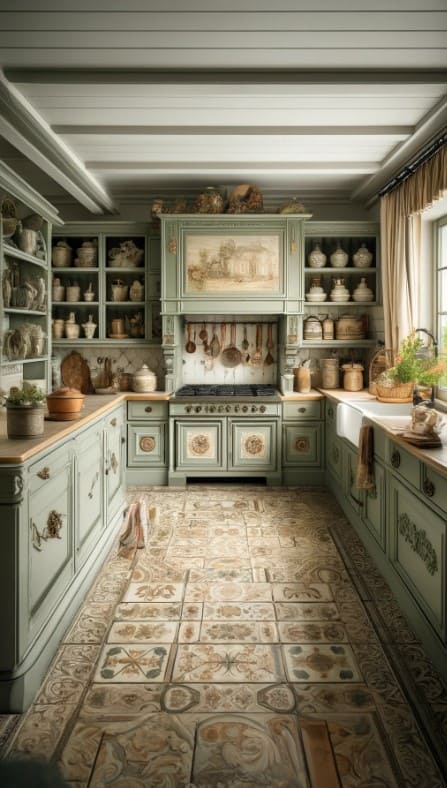 A French country kitchen with sage green cabinets, ornate cabinet hardware, and a patterned tile floor.