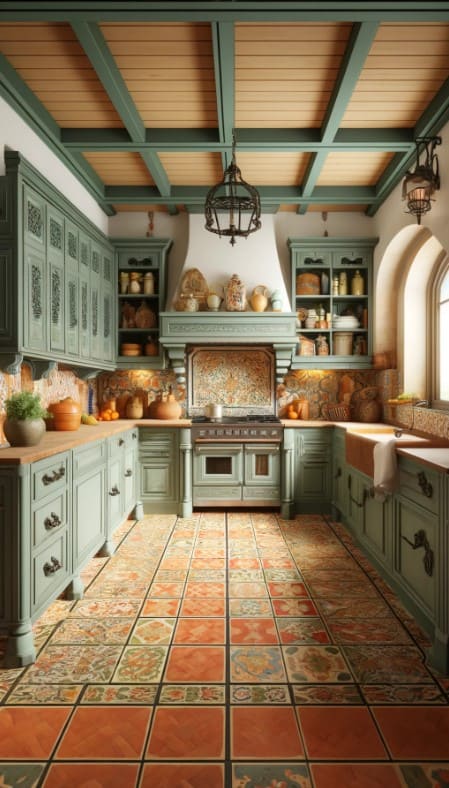 A Mediterranean kitchen with sage green cabinets, terracotta floor tiles, and wrought iron details.