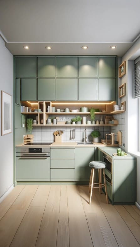 A compact urban kitchen with sage green cabinets, space-saving solutions, and modern touches.