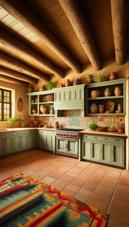 A Southwestern kitchen with sage green cabinets, colorful tiles, and rustic wooden beams.