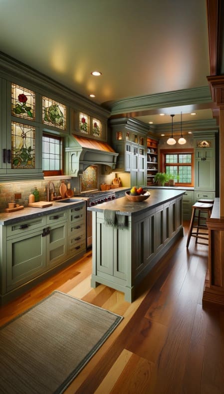 A craftsman kitchen with sage green cabinets, stained glass cabinet inserts, and natural stone countertops.