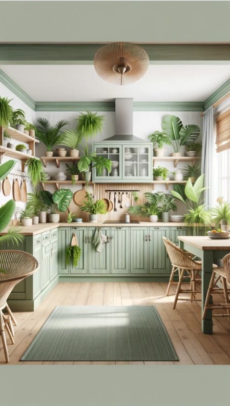 A tropical kitchen with sage green cabinets, bamboo accents, and vibrant tropical plants.