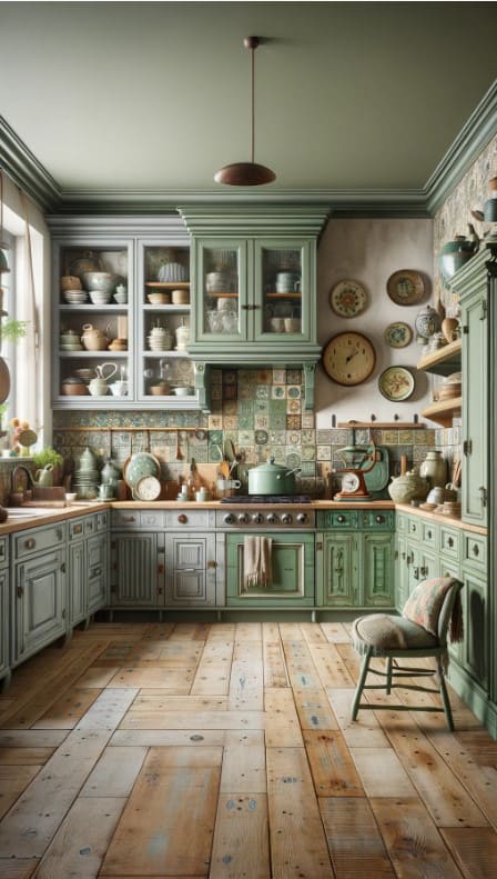 An eclectic kitchen with mismatched sage green cabinets, vintage finds, and artistic touches.