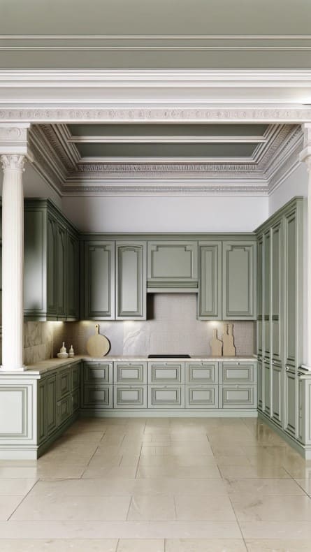 A neo-classical kitchen with elegant sage green cabinets, pilasters, and intricate crown molding.