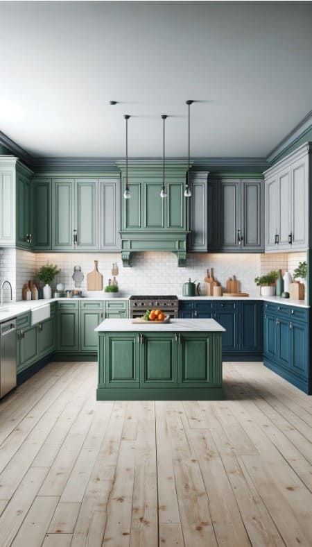 A kitchen with sage green cabinets and a dual-tone design featuring navy blue accents.