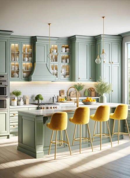 A kitchen with sage green cabinets and a pop of color from bright yellow bar stools.