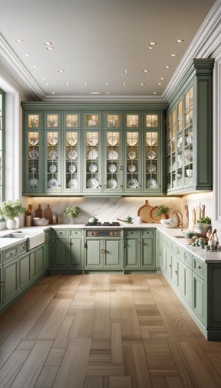 A kitchen featuring sage green cabinets with glass doors displaying fine china.