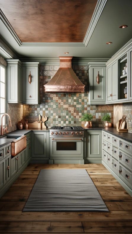 A kitchen with sage green cabinets, a copper range hood, and a stone mosaic backsplash.