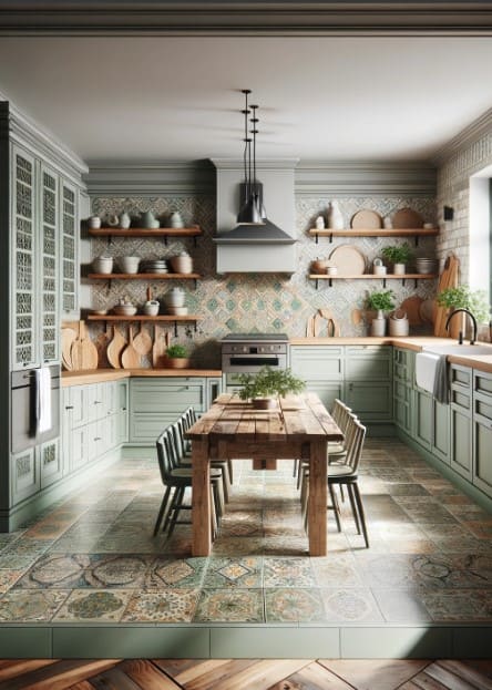 A kitchen with sage green cabinets, patterned floor tiles, and a reclaimed wood dining table.