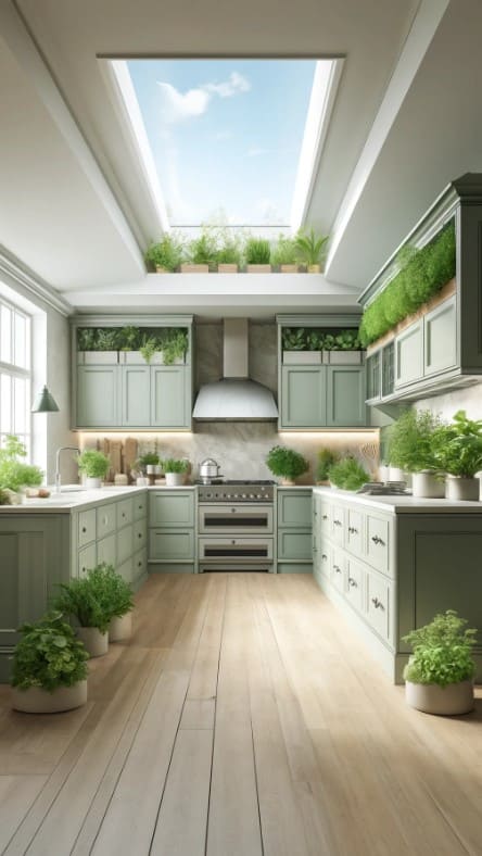 A kitchen with sage green cabinets, a skylight, and indoor herb garden planters.