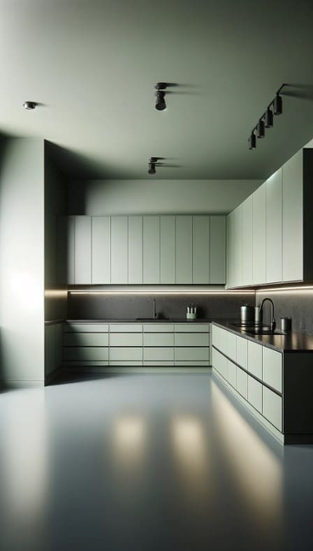 A minimalist kitchen with sleek sage green cabinets, black granite countertops, and recessed lighting