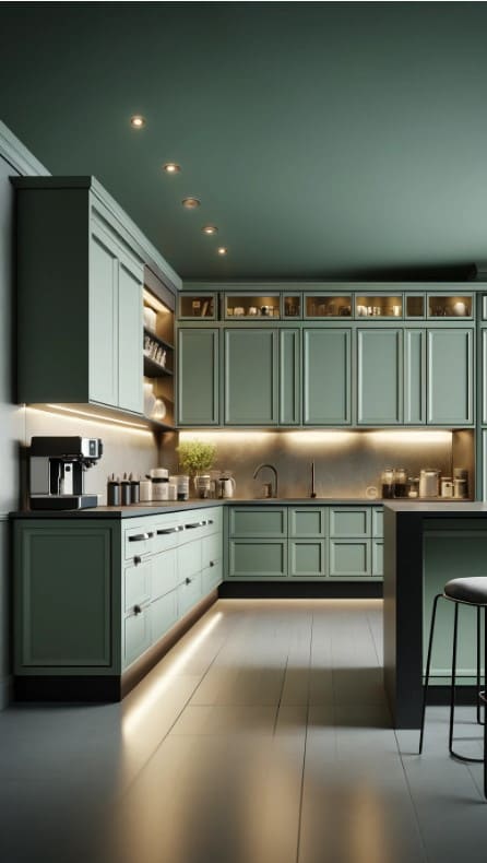 A kitchen with sage green cabinets, LED under-cabinet lighting, and a modern coffee station.