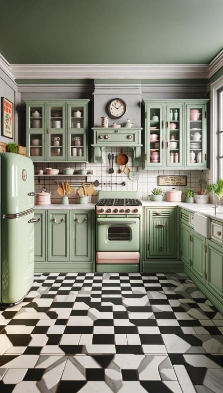A vintage-inspired kitchen with sage green cabinets, retro appliances, and checkered floor tiles.