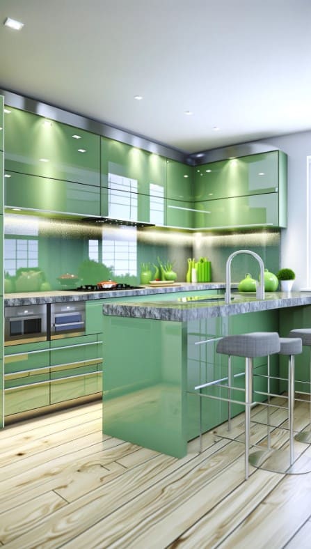 A contemporary kitchen with high-gloss sage green cabinets, a glass backsplash, and a waterfall edge island.