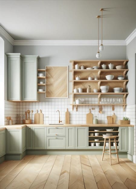 A Scandinavian kitchen with light sage green cabinets, wooden open shelving, and white ceramic tiles.