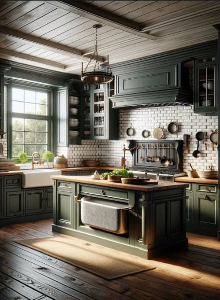 A traditional kitchen with dark sage green cabinets, a farmhouse sink, and classic subway tiles.