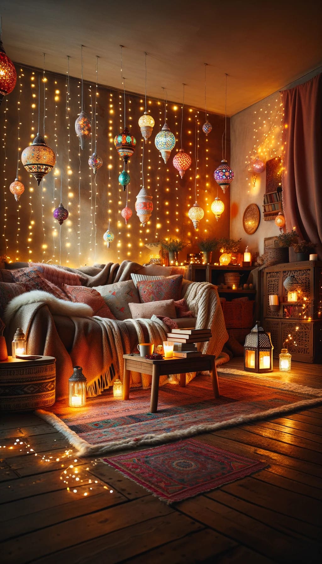 A cozy living room glowing with strings of fairy lights and colorful lanterns hanging from the ceiling