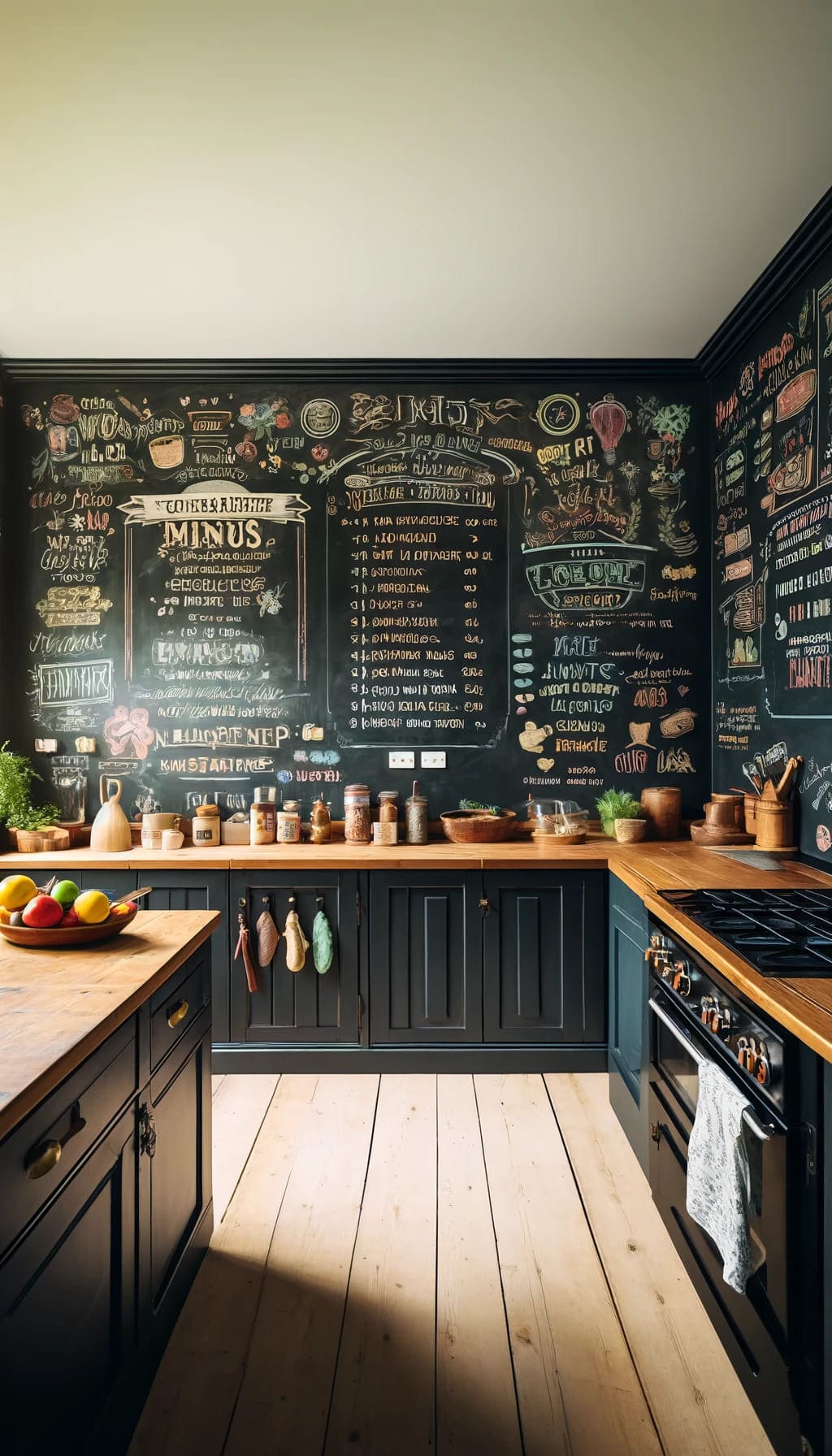 A kitchen wall transformed into a chalkboard for writing menus and messages, adding a fun and functional element
