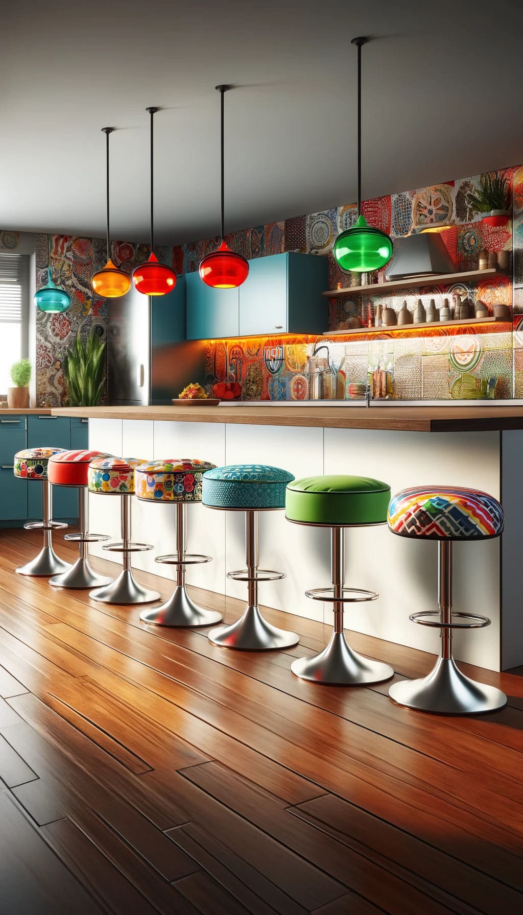 A kitchen with retro bar stools in bold colors and funky designs, enhancing the room's whimsical vibe