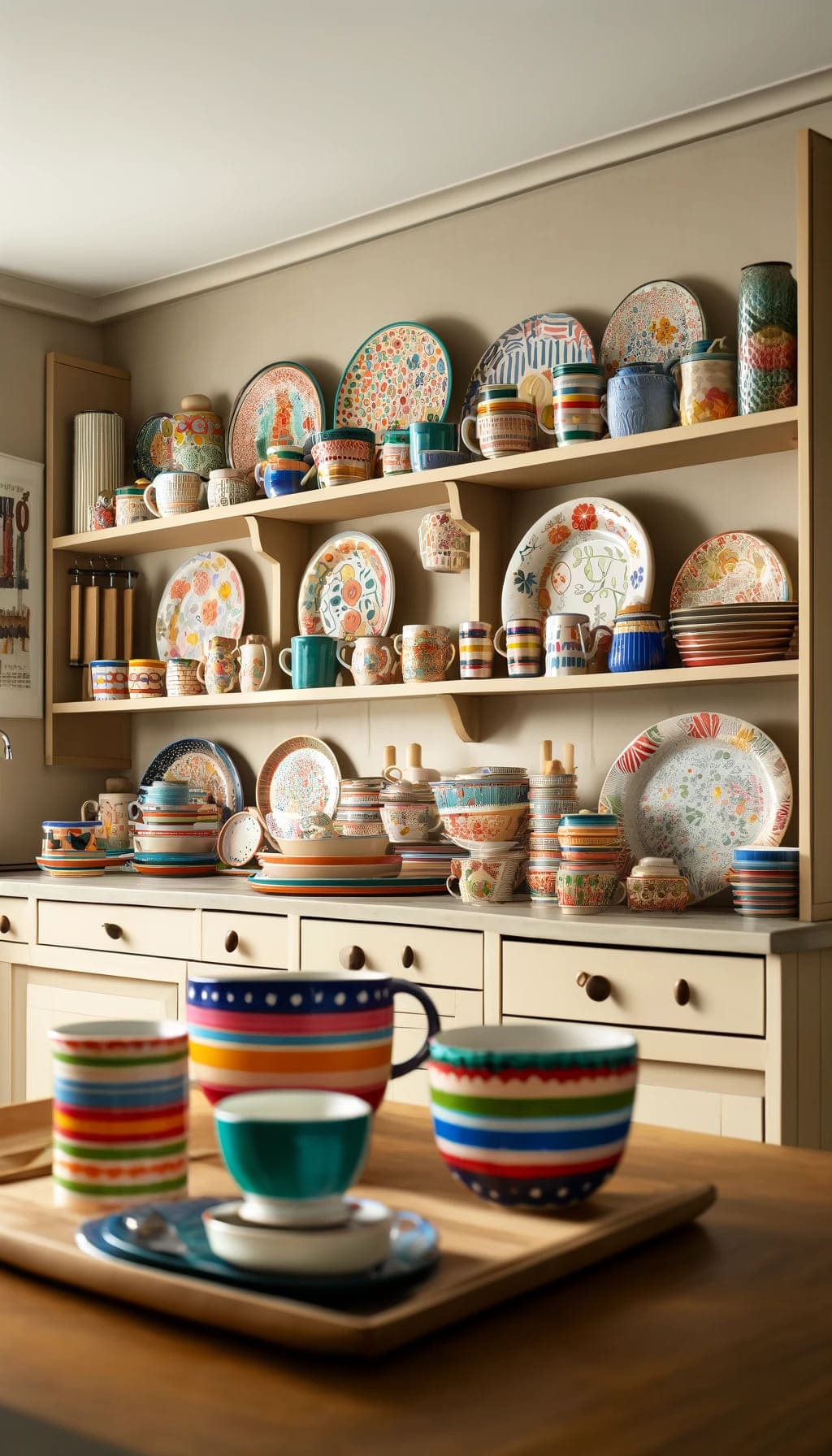 A kitchen featuring themed dishware with a mix-and-match of patterns, displayed openly on shelves