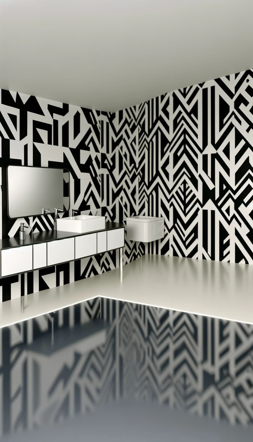 A bathroom with bold, graphic patterned wallpaper creating a striking visual impact