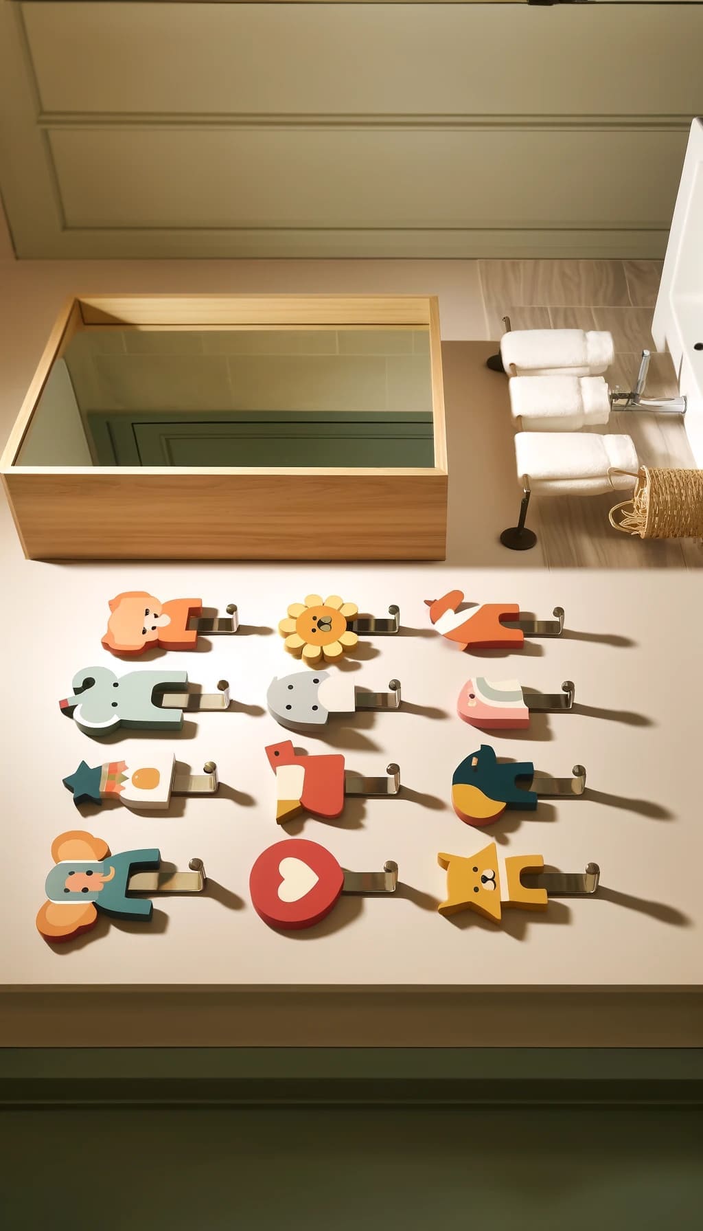 Novelty towel hooks in a bathroom, shaped like animals or iconic symbols, adding a quirky touch