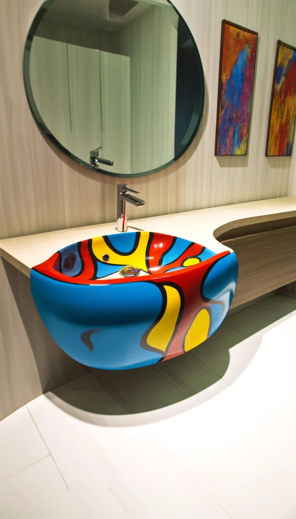 An artistic sink basin in a bathroom, featuring unusual shapes and vibrant colors