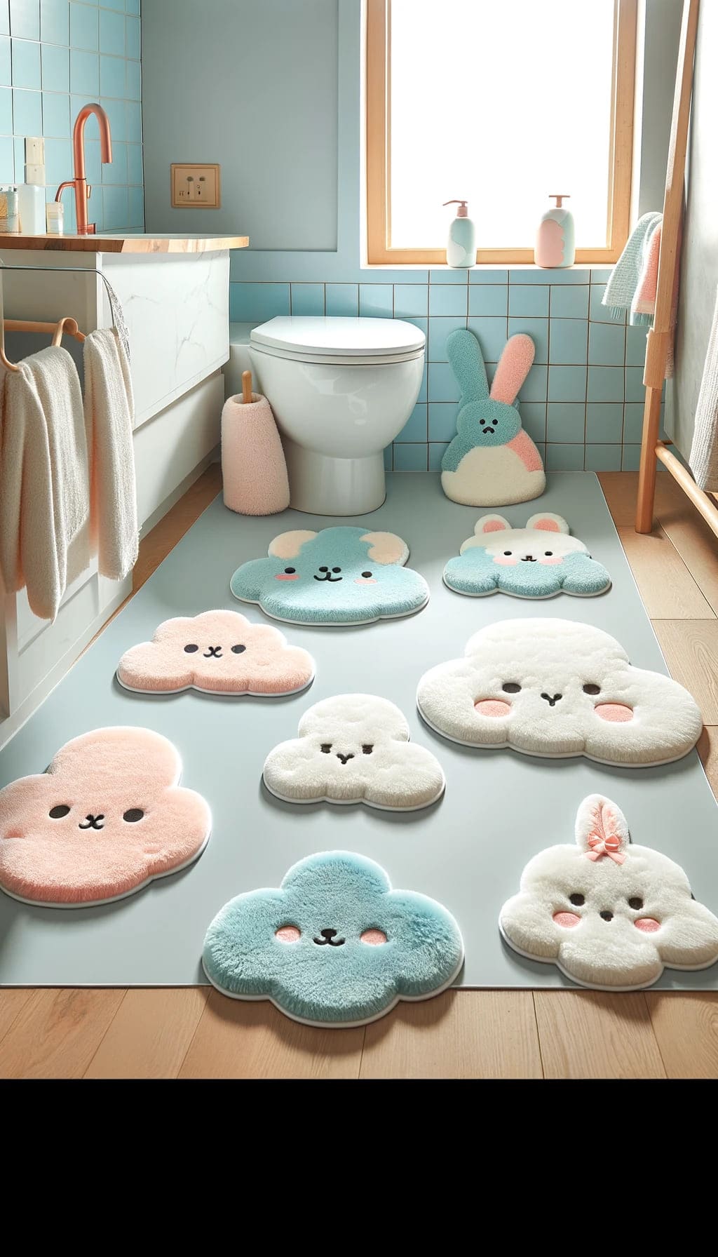 Whimsical rugs and mats in a bathroom, with designs like clouds or animals, making the floor fun and inviting