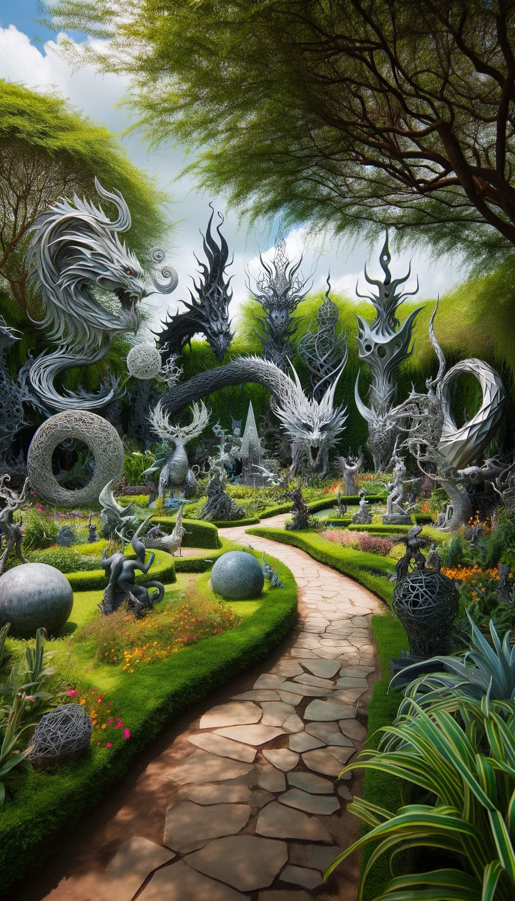 A garden adorned with sculptures of fantasy creatures and abstract forms, creating a mystical outdoor space