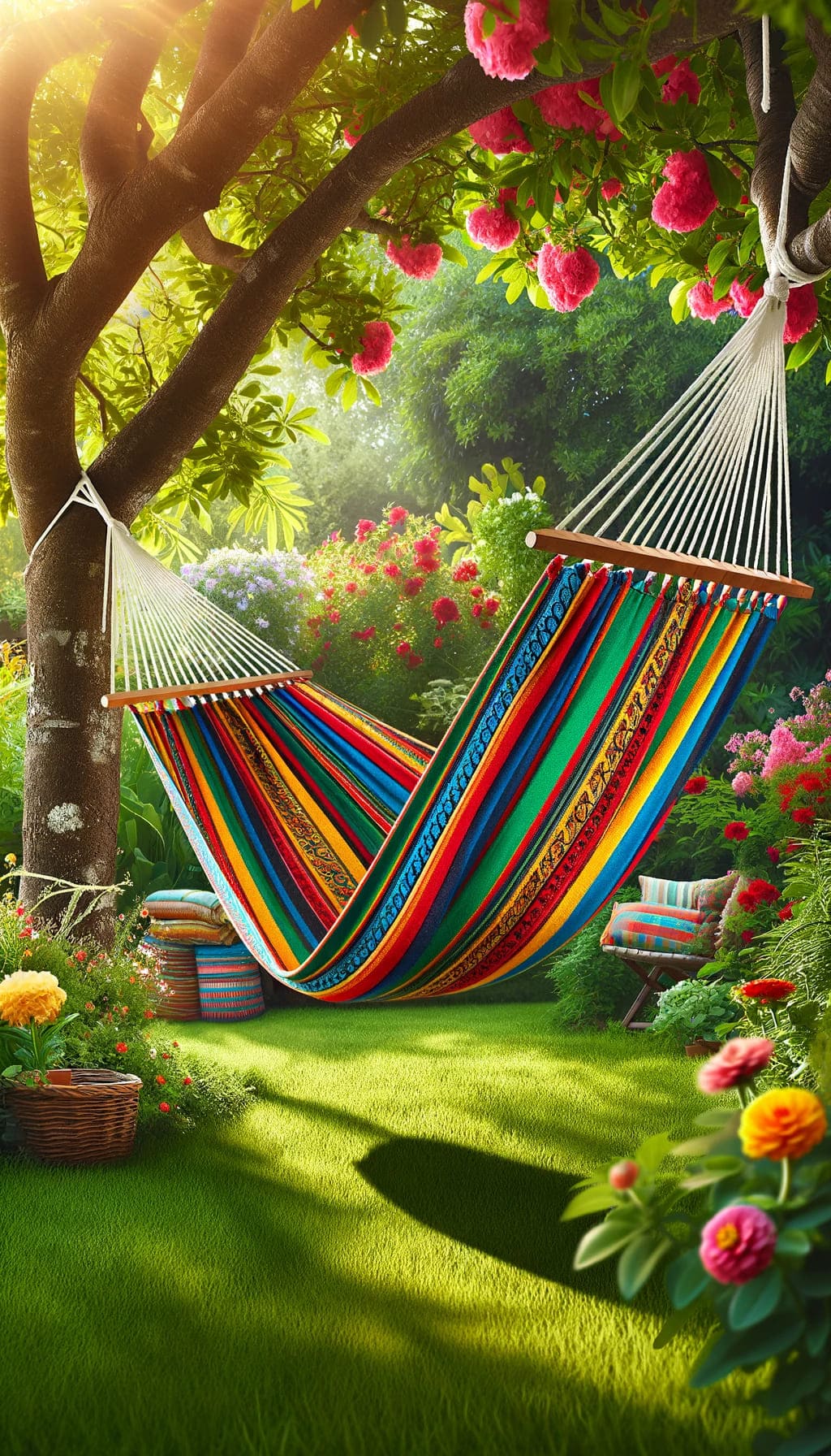 A colorful hammock with stripes or vibrant patterns, hung in a garden or yard for a relaxing retreat