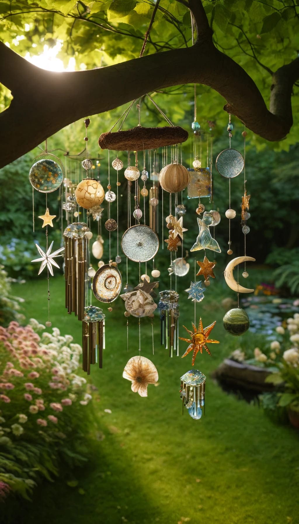 Handcrafted whimsical wind chimes in a garden, providing melodic sounds and visual interest