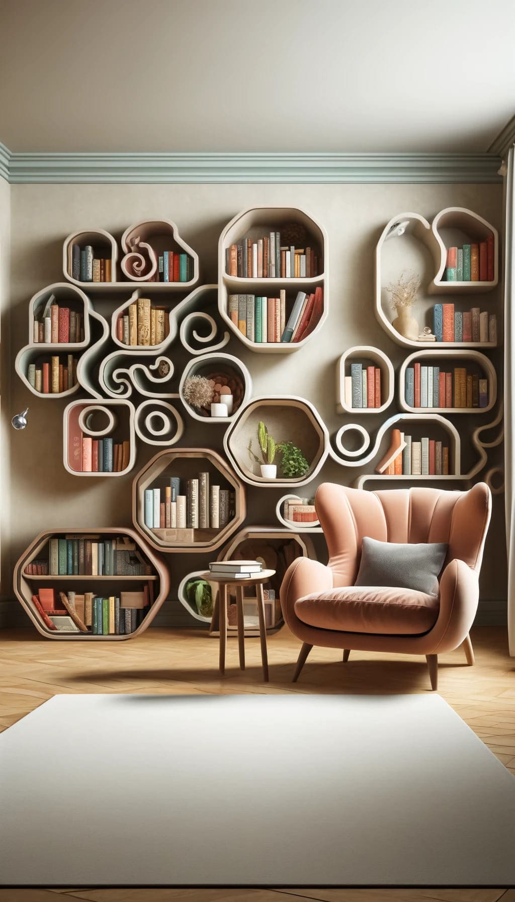 A living room with quirky bookshelves in unique shapes like spirals and hexagons, filled with colorful books.