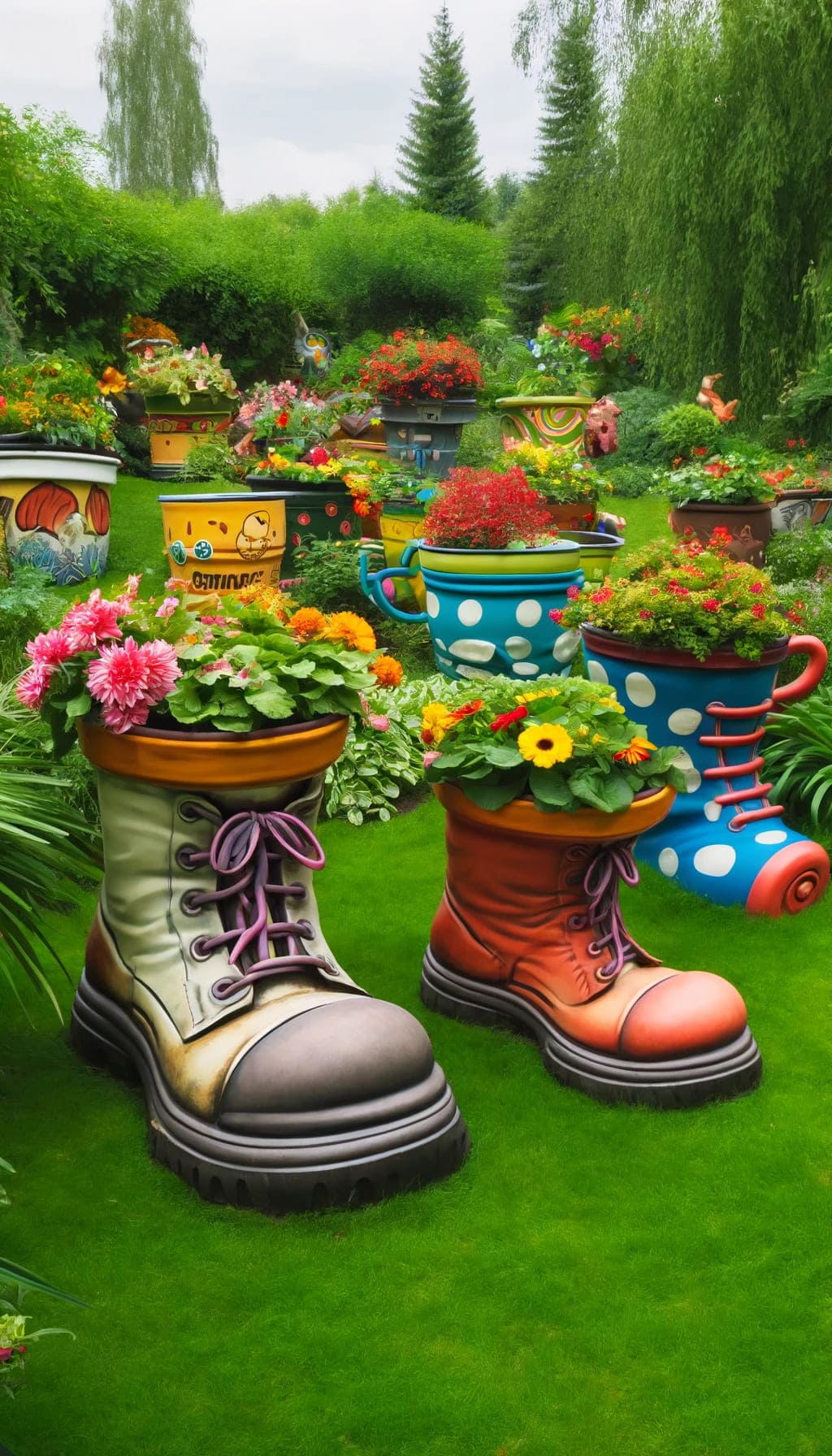 Playful planters in a garden, with unconventional pots like boots or oversized cups, filled with vibrant flowers and plants