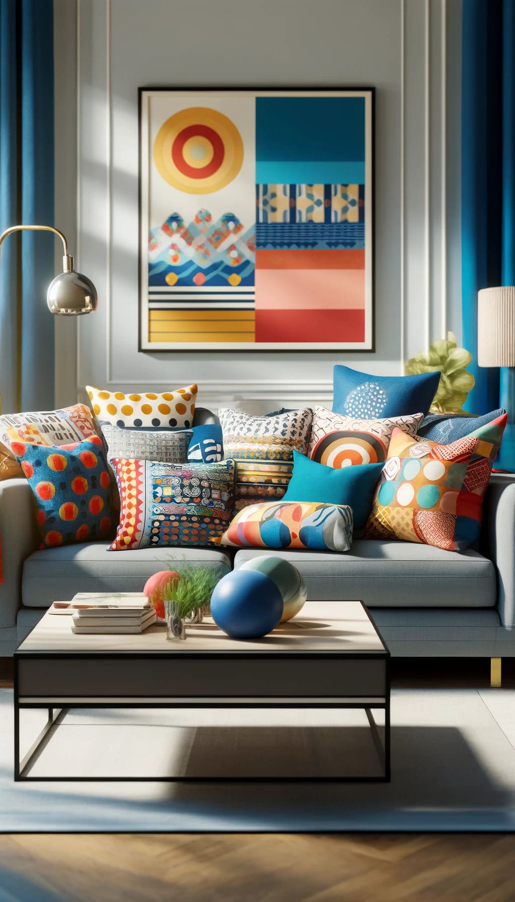 A living room featuring vibrant, playful pillows and throws with bold patterns and bright colors on a modern sofa.