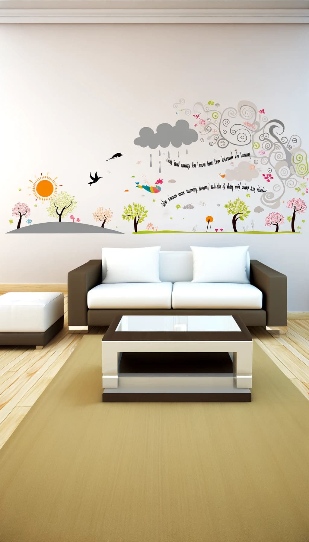 A living room wall adorned with artistic wall decals depicting whimsical scenes or inspirational quotes