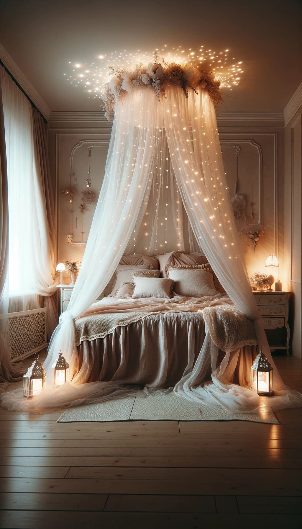 A bedroom with a dreamy canopy bed draped with soft fabrics and fairy lights creating a magical ambiance.