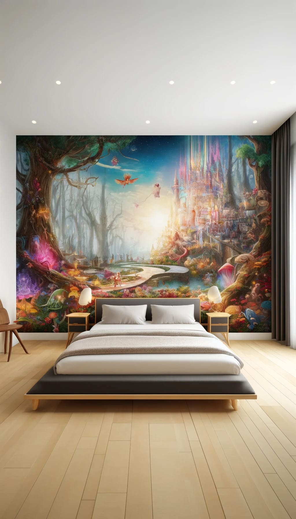 A bedroom featuring a large wall mural of a whimsical forest or a fantastical cityscape