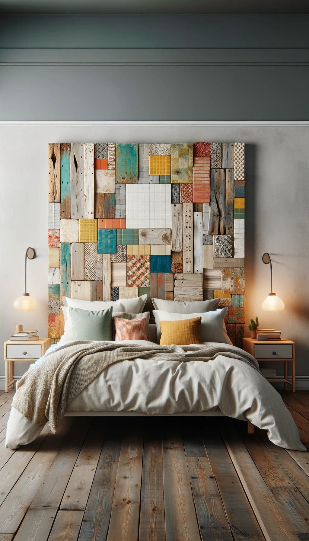 A creative headboard in a bedroom made from unexpected materials like reclaimed wood or colorful tiles
